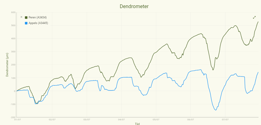 Dendrometer graph of an apple and pear tree over one week: tree growth with a daily pulse that reveals water stress